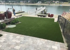 Artificial turf on patio next to lake Sammamish
