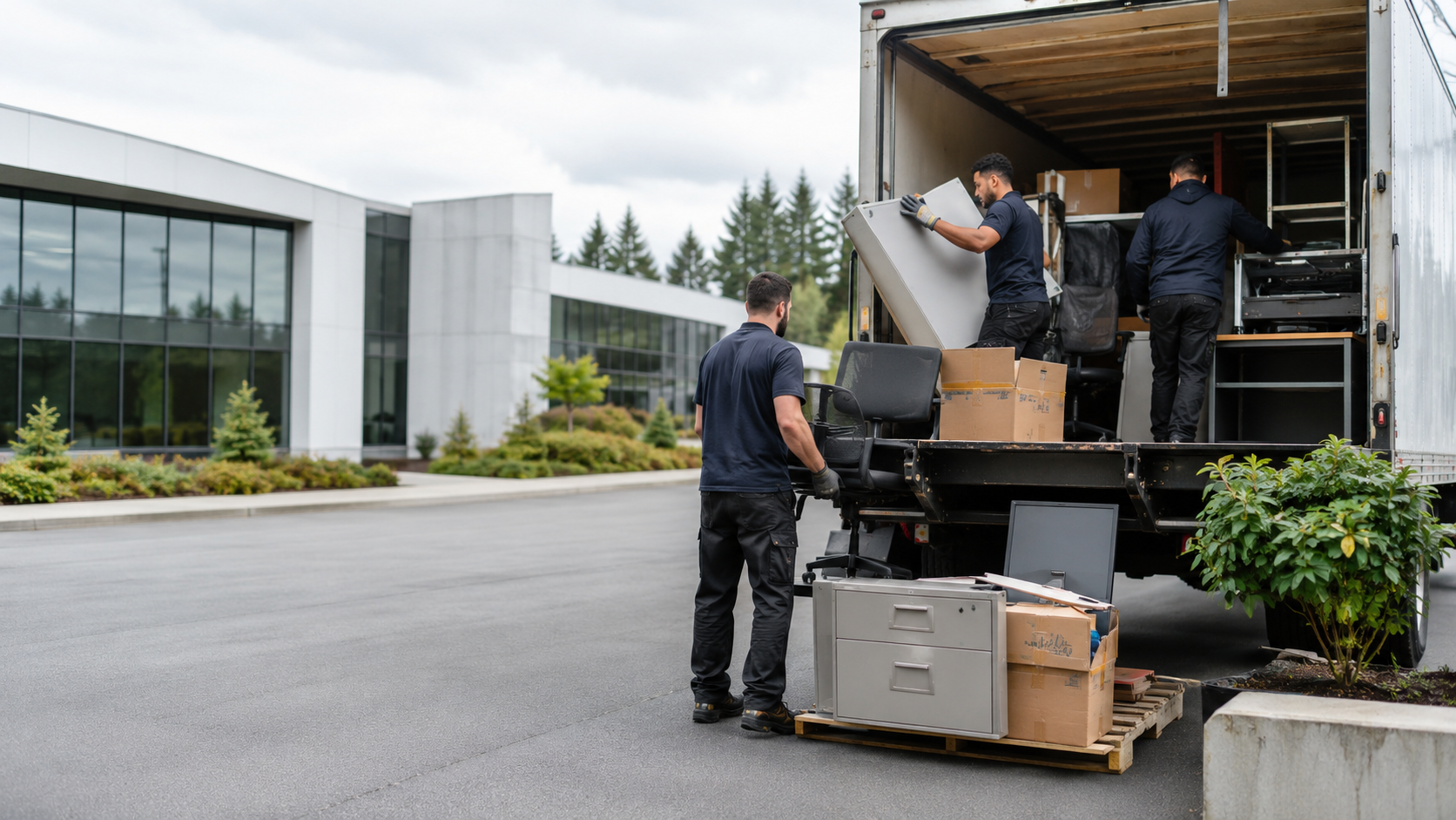 Three men removing junk from a truck in Redmond, WA